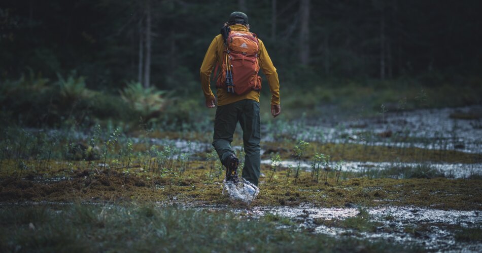 Mann läuft durch ein moosiges Sumpfgebiet umgeben von Wald.  | © TZA / C. Jorda 