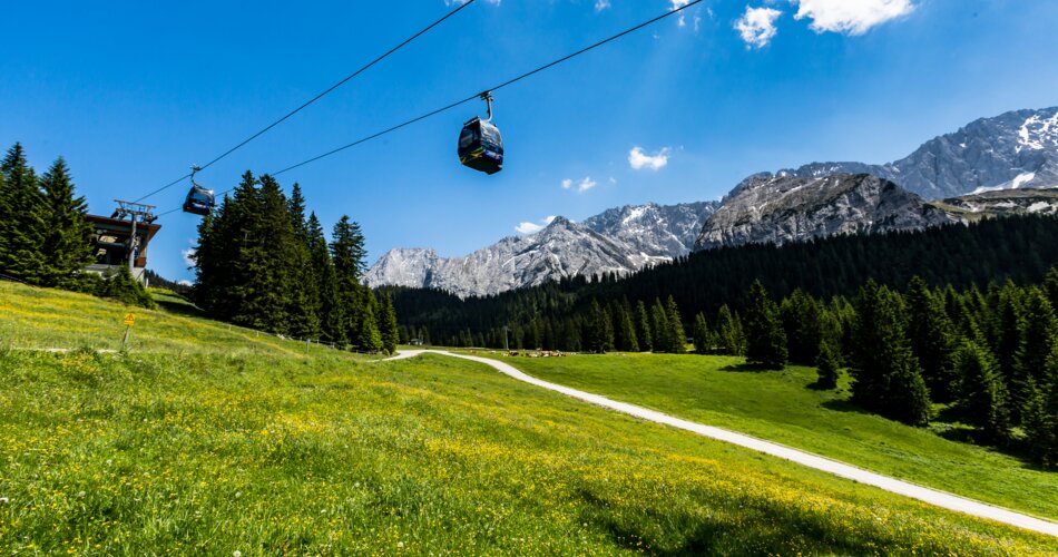 A cable car above a summer meadow at Ehrwalder Alm.